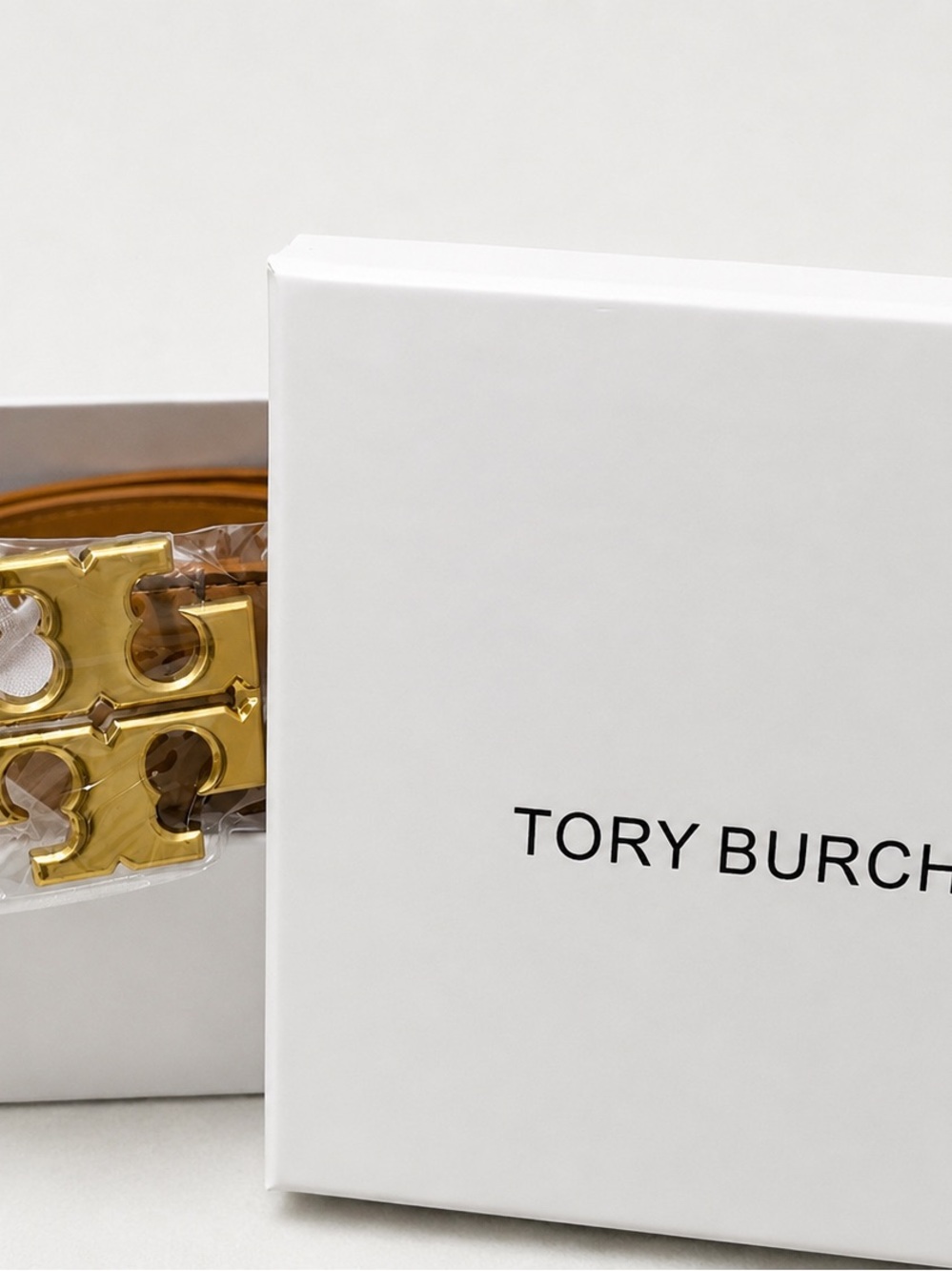 Tory Burch Gold Logo Belt in Tan Leather